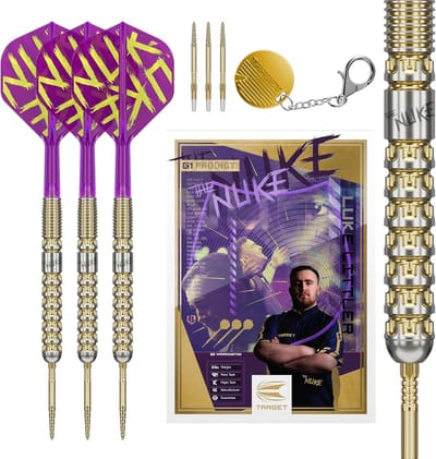 Target Darts Luke Littler Gen 1 Prodigy Steel Tip Swiss Point Darts 22G - 90% Tungsten Barrels met K-Flex Flights en Shafts - Inclusief Premium Swiss Point Tool en Opbergdoos