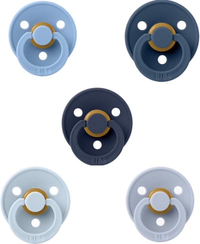 Bibs fopspenen 0-6 maand LATEX set 5 stuks Petrol, Deep Space, Baby Blue, Sky Blue en Steel Blue maat 1