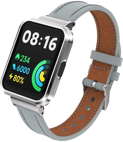 By Qubix - Leren band met case - Grijs - Geschikt voor Xiaomi Redmi Watch 2 (Lite)