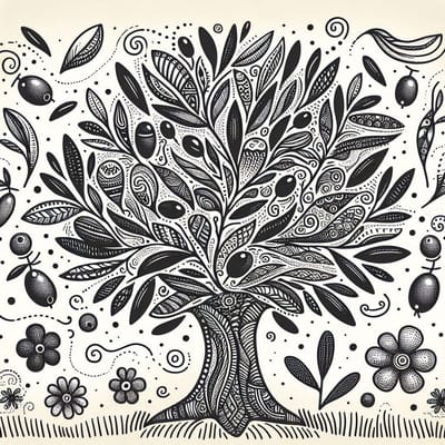 Doodle olijfboom schilderij | Sierlijke krabbels vormen een prachtige olijfboom in kunstwerk | Kunst - 80x80 centimeter op Dibond | Foto op Dibond