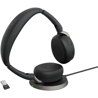 Jabra Evolve2 65 Flex Link380a UC + Ladepad On Ear headset Bluetooth Stereo Zwart Noise Cancelling Headset, Microfoon uitschakelbaar (mute),