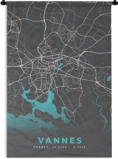 Wandkleed - Wanddoek - Plattegrond - Kaart - Stadskaart - Vannes - Frankrijk - 120x180 cm - Wandtapijt