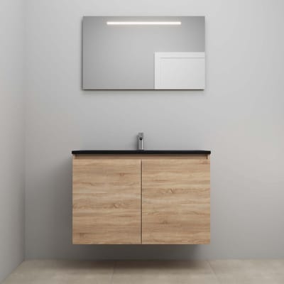 On-Line Badkamermeubelset - 100 cm - Bouwpakket - Greeploze Ladestructuur - Acryl Wastafel - 1 Kraangat - Spiegel met LED-Verlichting - Eiken