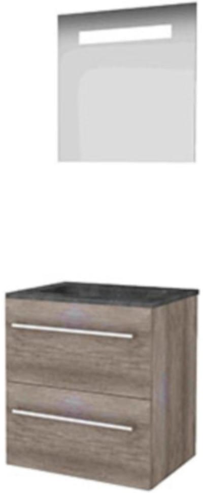Basic-Line Economic 46 Badkamermeubelset - 60 x 46 cm - Met Grepen - 2 Lades - Hardstenen Wastafel - 1 Kraangat - Spiegel met LED Verlichting - Scotch Oak