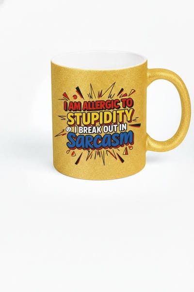 Gouden Mok "I AM ALLERGIC TO STUPIDITY I BREAK OUT IN SARCASM" - Grappige Koffiemok voor Sarcastische Types