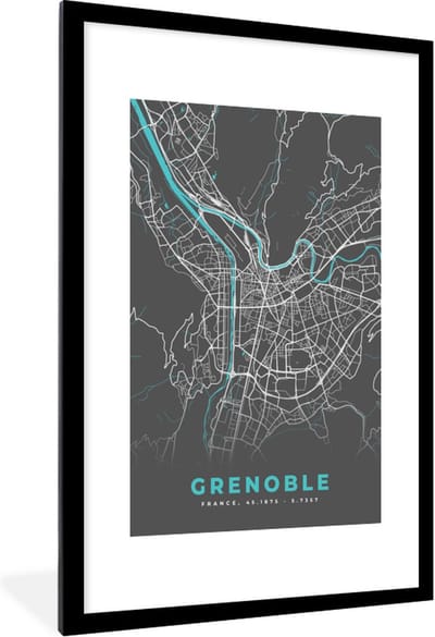 Fotolijst incl. Poster - Grenoble - Frankrijk - Plattegrond - Kaart - Stadskaart - 80x120 cm - Posterlijst