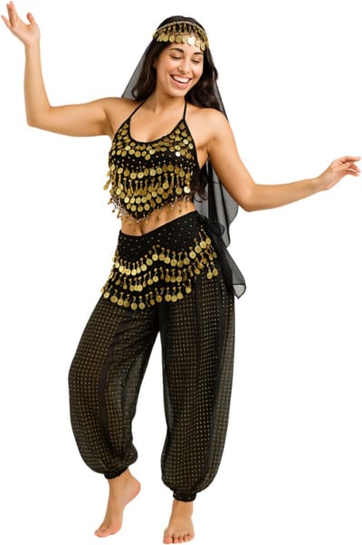 Joya Party® Buikdanseres Verkleedset Volwassenen | Gypsy Bellydance Outfit | Zwarte Harem Broek met Gouden Munten Buikdans | Oriëntaalse Dansset | Verkleedkleding Carnaval en Halloween | Duizend en een Nacht | Arabische Kostuum Vrouw