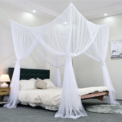 Famanu - Klamboe, 74,8 × 82,6 × 97,5 inch vierdeurs bed luifel, vierkante hangende muggenluifel voor alle maten bed – wit