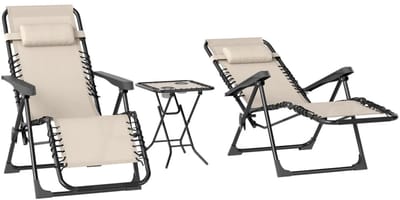 3-delig 2 Ligstoelen met Bijzettafel - Opklapbare Ligstoel met Hoofdsteun - Ligbed met 5-standen Verstelbare Rugleuning - Tuinstoel - Strandstoel - Campingligstoel - tot 120 kg - Zonnebed - Relaxstoel voor Tuin, Terras, Zwembad & Balkon - Beige