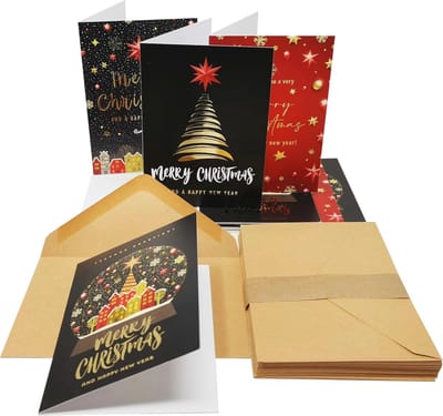 24 Gouden Kerstkaarten - Dikke Kaart met Speciale Gouden Afwerking en Gerecycled Kraftpapieren Enveloppen