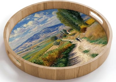 Dienblad rond 40x40 cm - Schootdienblad hout - Mensen - Wandelen - Zandpad - Velden - Borrelplank rechthoek - Plateau houten dienbladen