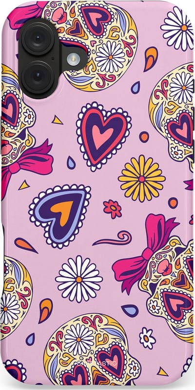 Casetastic hoesje geschikt voor Apple iPhone 16 Plus - MagSafe - Dubbellaagse bescherming - Dia de los Muertos Doodshoofd Strik - Fashion Case - Lichtroze Lila Taupe Zilver