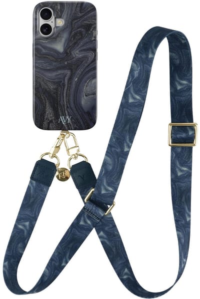 AVY Hoesje Met Telefoonkoord | Geschikt voor Apple iPhone 16 | Compatibel met MagSafe | Hard Shell Back Cover | Stijlvol Bijpassend Koord 130CM | Obscura Blue | Blauw