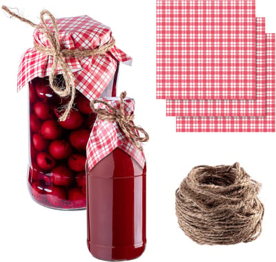 KADAX Sieradendekens voor inmaakpotten, decoratieve dekens met jute koord voor jampotten, jampotten van papier (rood ruitpatroon, 10 stuks)
