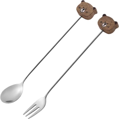 2 stuks - Vork + Lepel - Roestvrij staal - Walnootbeer - Te gebruiken als koffieroerlepel, honinglepel, etc. - Zoals afgebeeld
