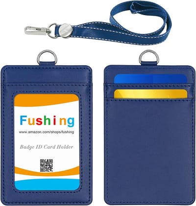 Kaarthouder met Lanyard - Badgehouder Pasjeshouder - Veilig Identificeren - Dubbelzijdig Leer - 11x7 cm - Blauw