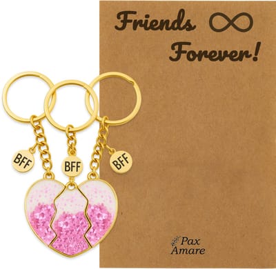 BFF Sleutelhanger voor 3 ' Friends Forever' - Magnetisch Glitter Hartje Roze - Sleutelhanger set op Cadeau Kaartje - Goudkleurig - Vriendschap Symbool - Pax Amare