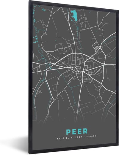 Fotolijst incl. Poster - Plattegrond – Peer – Blauw – Stadskaart - Kaart - België - 40x60 cm - Posterlijst