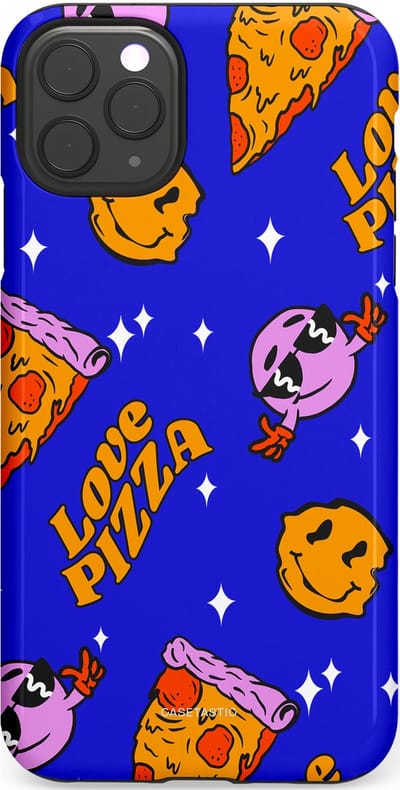 Casetastic hoesje geschikt voor Apple iPhone 11 Pro Max - Dubbellaagse bescherming - Funky Pizza - Fashion Case - Paars Okergeel Donkerblauw Bruin
