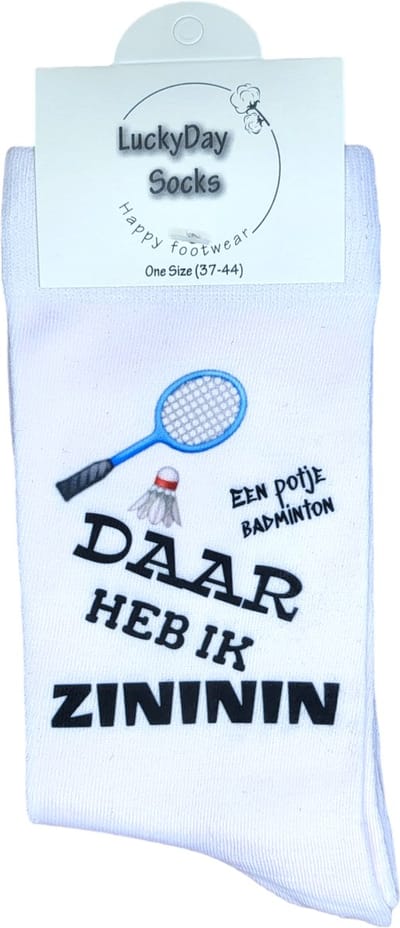 Zininin - Badminton Sokken - tennis -Verjaardags cadeau vrouw en man - vrolijke sokken - Valentijns cadeau - Witte sokken met tekst - grappige sokken - leuke dames en heren sokken - moederdag - vaderdag - Sokken waar je vrolijk van wordt - Maat 37-44