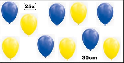 25x Ballon mix blauw/geel 30cm - set - Festival carnaval feest party verjaardag landen helium lucht thema
