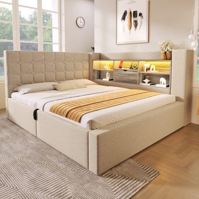 DESMIU Gestoffeerd Bed 140x190 cm – Led En Oplaadpunten – L-Vormig Hoofdbord Met Opbergruimte – Bed Met Opbergruimte – Linnen – Beige – Zonder Matras