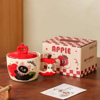 Apple Kat Keramische Kop met Deksel voor Meisjes Cadeau Kop voor Huishouden Mok Hoog Uitziende Paar Melk Ontbijt Kop 401-500ml