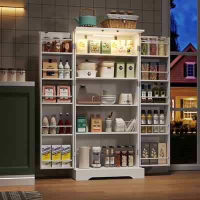 Pugsdrly 60 × 35 × 128 cm, wit, multifunctionele keukenkast met LED-verlichting met sensor, in hoogte verstelbare planken, dubbele deur met opbergvak, kantelbeveiliging, geschikt voor keuken, woonkamer en eetkamer.