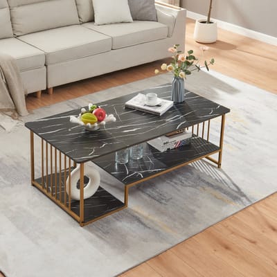 Salontafel Klibro marmerlook zwart en goudkleurig 120x60x42 cm [en.casa]
