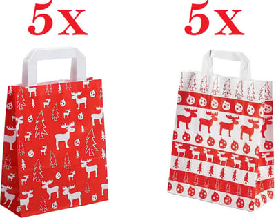 10 x papieren Kersttassen / Kerst draagtassen / Kersttasjes "Norway and Red Elk" Met Platte Oren 18 x 8 x 22cm / Kerst verpakking