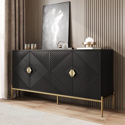 REDOM - Sideboard - Geometrische deuren - Vierdeurs opbergkast - Met metalen poten - Mid-century-modern stijl - Woonkamer - MDF - Zwart - 162 x 40 x 80 cm