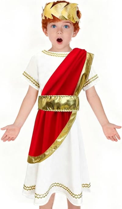 Antiek Grieks en Romeins Kostuum voor Kinderen, 3-delig, Lange Jurk met Ceintuur, Hoofdband en Sjaal, Perfect voor Carnaval, Feest en Halloween