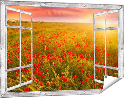 Gards Tuinposter Doorkijk Rode Klaproos Bloemenveld - Zonsondergang - 120x80 cm - Tuindoek - Tuindecoratie - Wanddecoratie buiten - Tuinschilderij