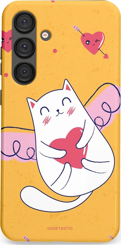 Casetastic Hoesje Geschikt voor Samsung S25 Plus - Stijlvolle Beschermende Duo-layer Case - Kattenflirt Geel Rode Hartjes Liefde