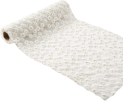 ARTYFETES - Tafelloper van geborduurd voile wit en goud 24cm x 3m met bloemen