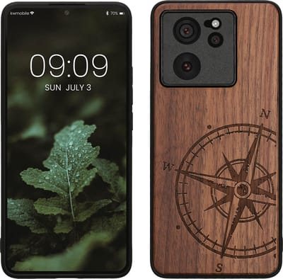 kwmobile telefoonhoesje geschikt voorXiaomi 13T / 13T Pro - Hoesje met bumper - hout - In donkerbruin Vintage Kompas design