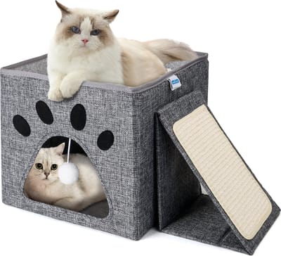 Nobleza kattenmand opvouwbaar - katten krabplank - kattenhuis binnen - zachte poezenmand voor 2 katten - 48x35x29cm - grijs