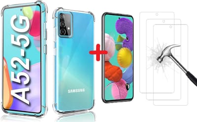Hoesje Geschikt Voor Samsung Galaxy A52 hoesje Anti Shock Back Case + 2x Glazen Screenprotector / tempered glass