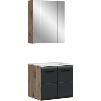 Badcombinatie met wastafel en spiegelkast - Zwart mat en eiken look - 60x185x46 cm