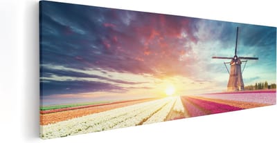 Artaza Canvas Schilderij Molen - 60x20 cm - Wanddecoratie Tulpenveld - Muurdecoratie Zonsondergang - Kamer Accessoires Bloemen