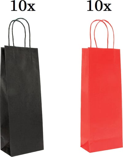 20 x Papieren Wijntas 14+8x39cm voor 1 Fles rood en zwart/Flestas papier / Cadeauverpakking /draagtas voor Fles/wijn / Fleszak · Fles zak / Kerst / Verjaardag