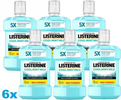 Listerine Cool Mint Mild Mondwater – 6 x 1 Liter – Alcoholvrij – Milde Mondspoeling – 6 Stuks