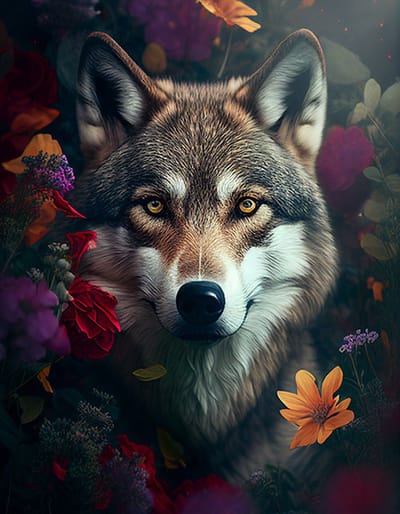 AI - Woondecoratie - Poster - Dieren - Wolf - Bloemen en jungle - 9 - 70 x 100 cm