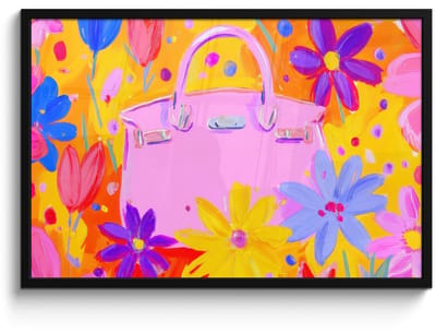 Poster in lijst - Fotolijst 90x60 cm - Posters - Tas - Roze - Bloemen - Posterlijst zwart - Decoratie - Wanddecoratie woonkamer - Muurdecoratie slaapkamer