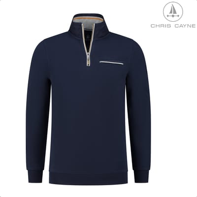 Chris Cayne heren sweatshirt - M - sweatshirt - navy - korte rits - half rits - schipperskraag - kraag lichtgrijs - trui - borstzak