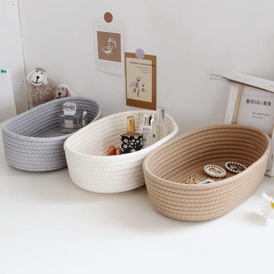 Opbergmand van gevlochten katoen, multifunctionele organizer voor badkamer en kinderkamer, stapelbaar en praktisch, wit, maat S, ideaal voor speelgoed en accessoires