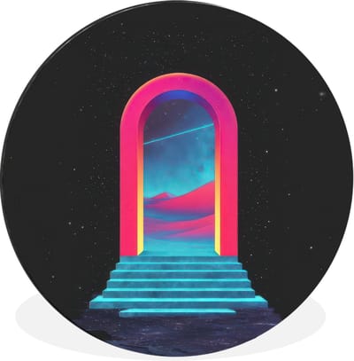 WallCircle - Wandcirkel - Muurcirkel - Poortje - Landschap - Sterrenhemel - Roze - Aluminium - Dibond - 30x30 cm - Binnen en Buiten