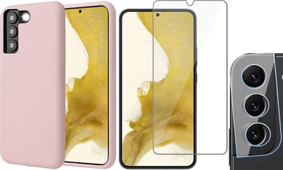 Hoesje geschikt voor Samsung Galaxy S22 Plus - Matte Back Cover Microvezel Siliconen Case Hoes Roze - Tempered Glass Screenprotector - Camera Lens Protector