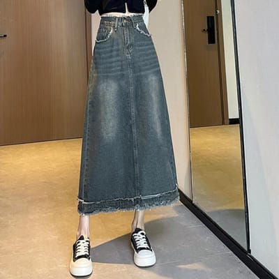 Lente en Zomer Midilengte A-lijn Split Taillegesloten Denim Kwastjes Rok XXL