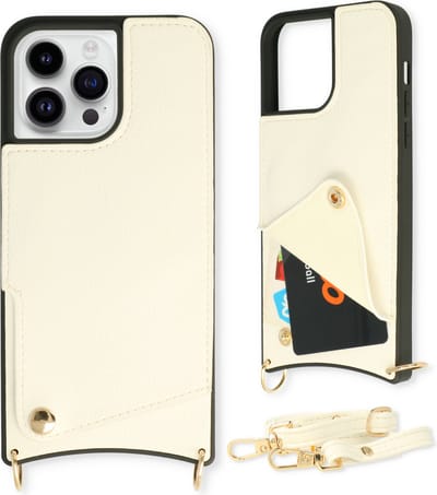 Casemania Hoesje Geschikt voor Apple iPhone 14 Pro - Back Cover met Draagkoord - Pasjeshouder Hoes met Bandje - Crossbody Telefoonhoesje - Lanyard Case - Wit